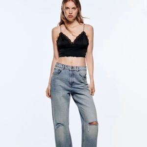 ZARA Black Combined Satin Lace Trim Cropped Bralette Top